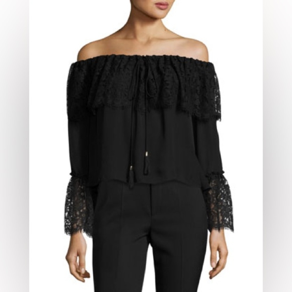 Rachel Zoe Aidan Lace-Trim Off-the-Shoulder Black Silk Bell Sleeve Top EUC Sz 12